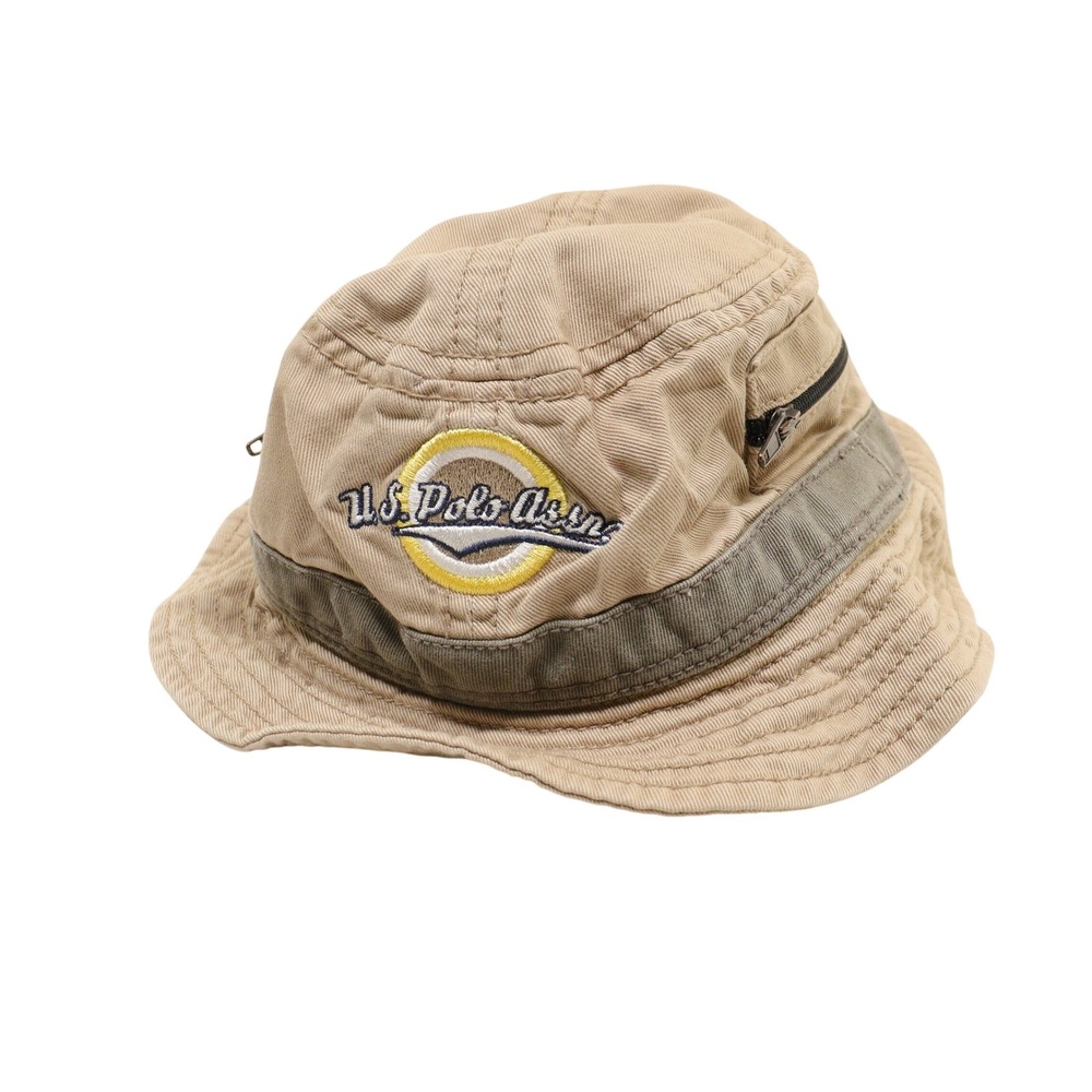 U.S. Polo Assn. Bucket Hat Zipper Pocket Embroidered Tan Cotton Kids 49cm